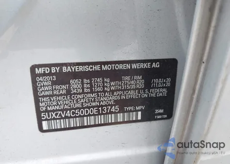 2013 BMW X5 xDrive35I/xDrive35I Premium/xDrive35I Sport Activity z USA, uszkodzony, nr VIN 5UXZV4C50D0E13745